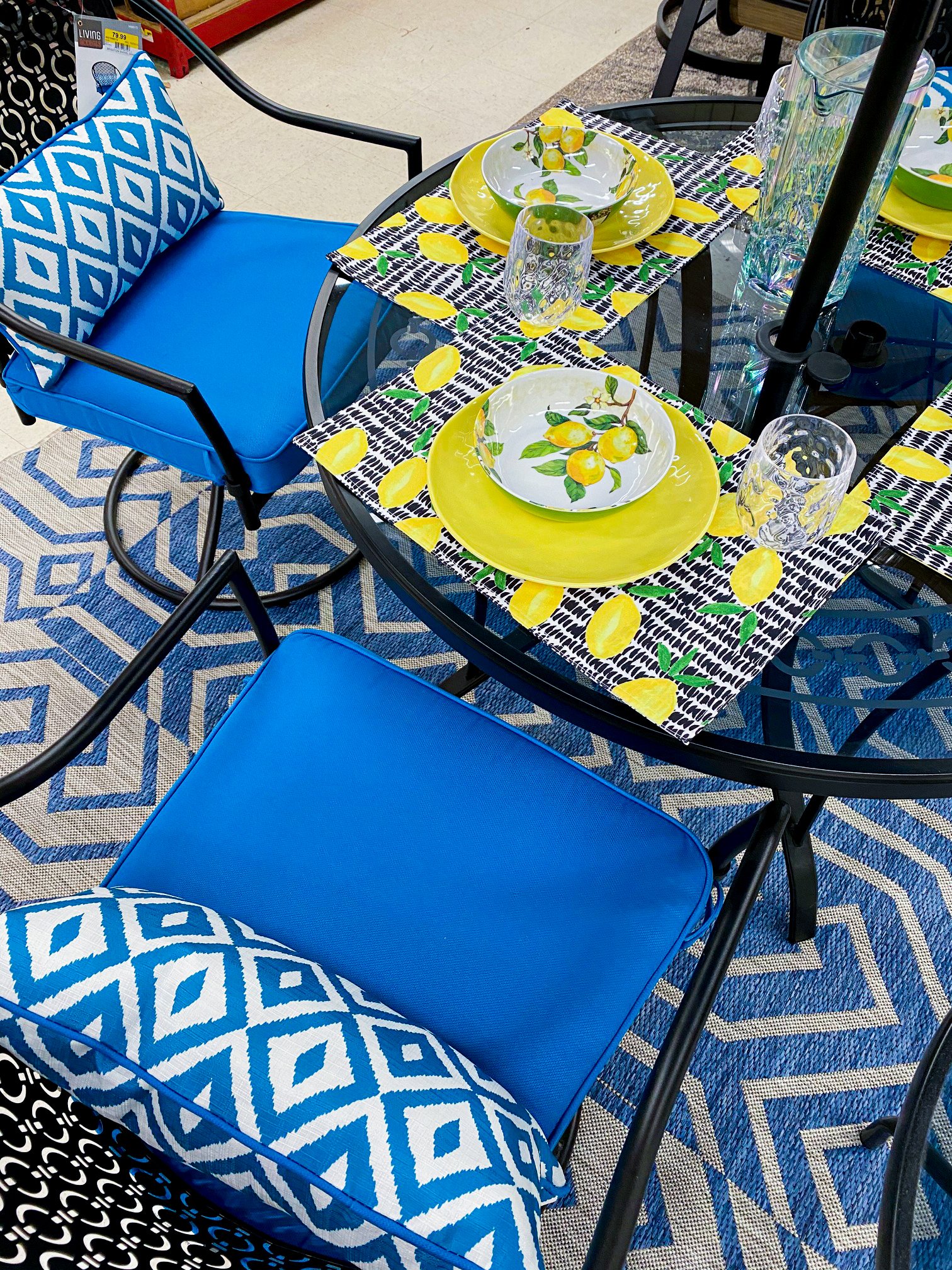 blue and yellow outdoor living patio set
