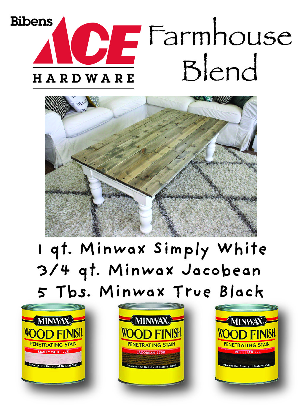 Bibens Ace Farmhouse Blend recipe card with Minwax products